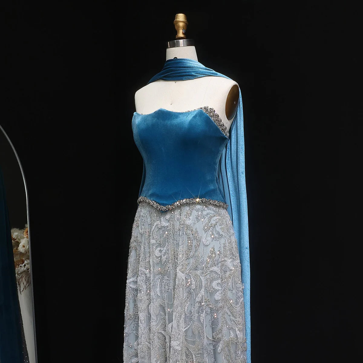 Gown with Velvet Corset & Flowing Scarf Drape
