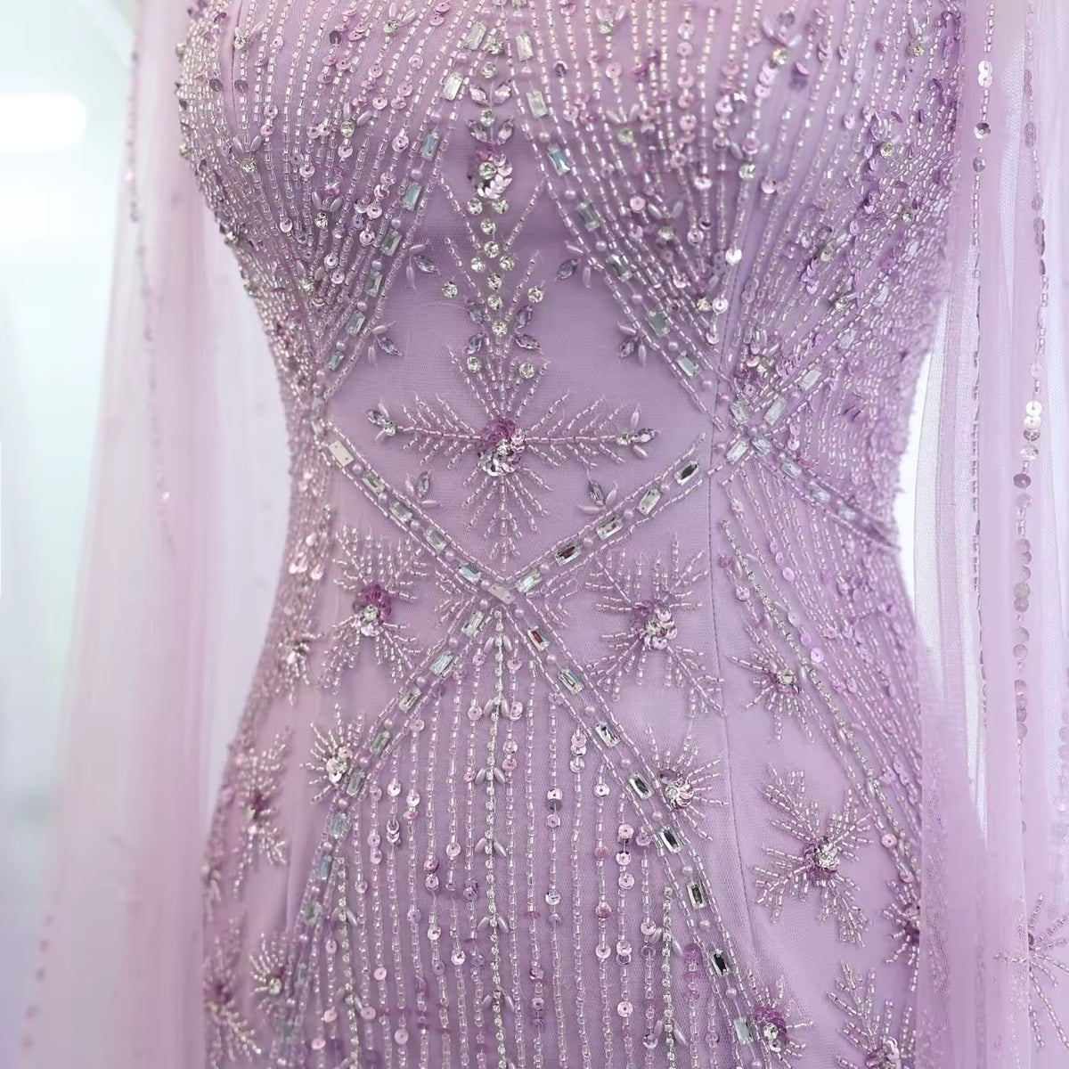 Elegant Beaded Gown with Open Sleeves and Crystal Detailing
