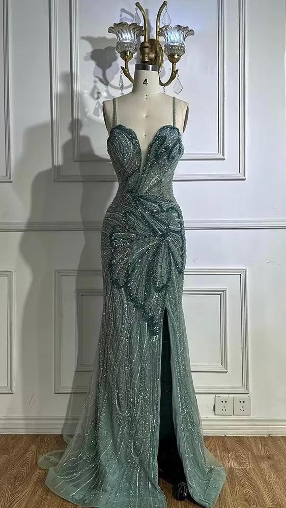 Beaded Evening Gown Available in Emerald Green & Nude