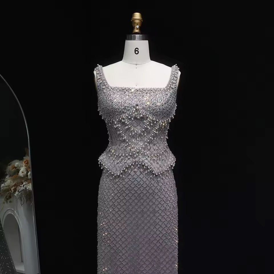 Luxury Beaded Crystal Long Straight Evening Dress