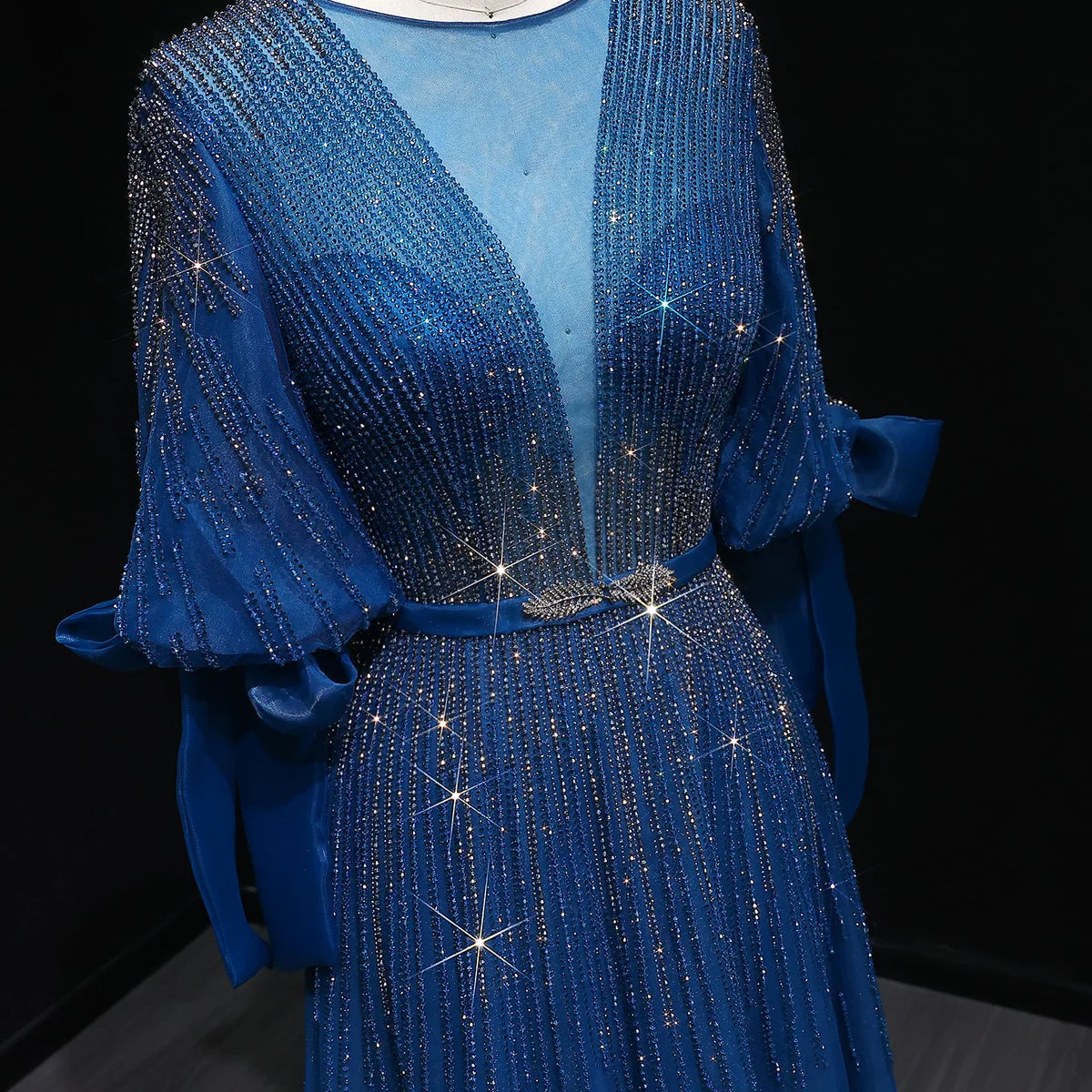 “Lumière Grace” Gown with Draped Sleeves and Vertical Crystal Beading