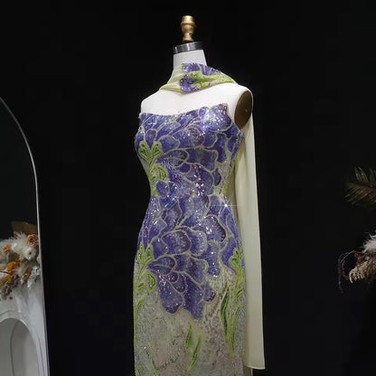Strapless Floral Sequin Gown with Matching Scarf