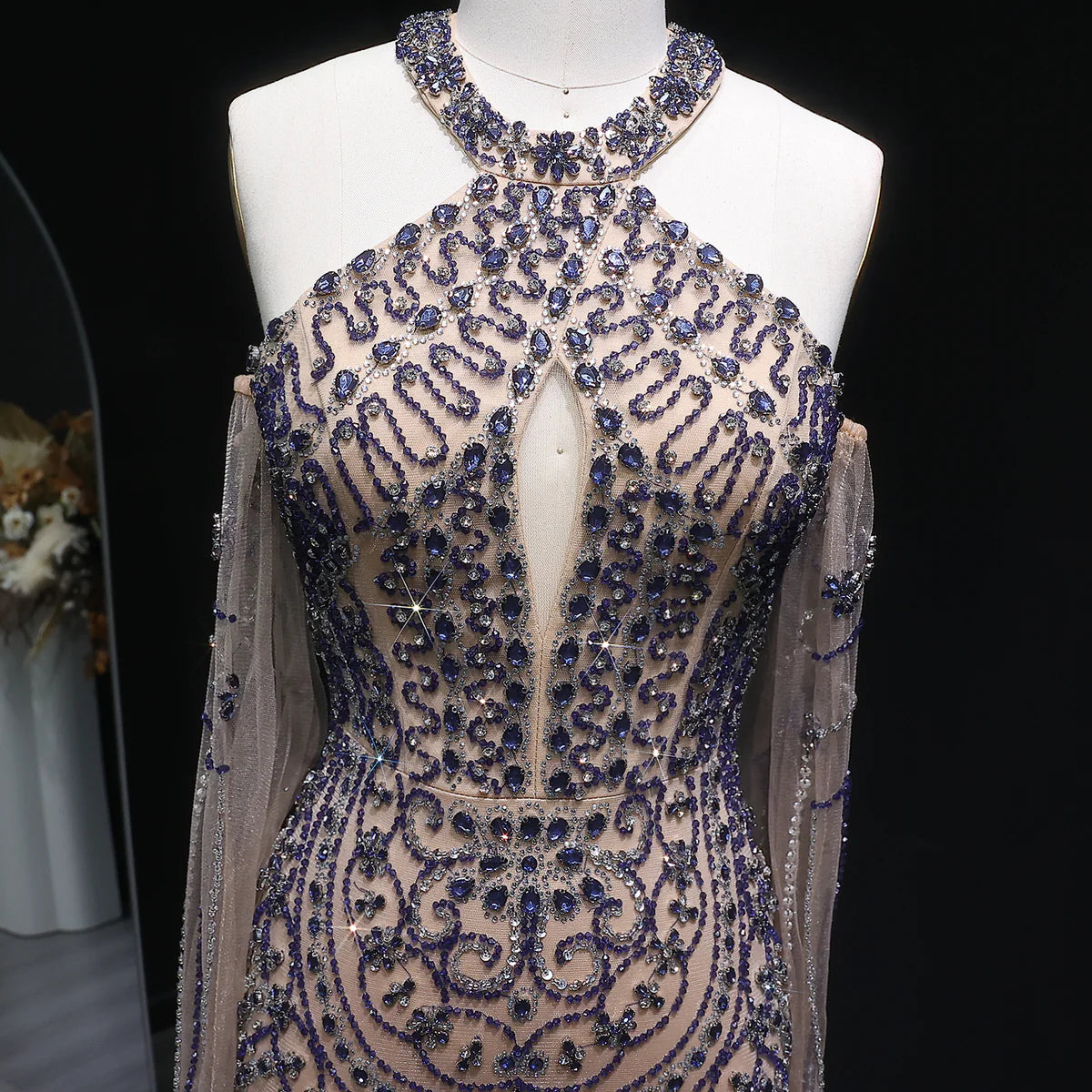 Crystal Embellished Gown with Draped Crystal Gloves and High Neck Cutout Detail