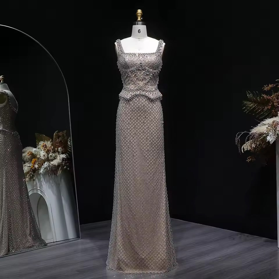 Luxury Beaded Crystal Long Straight Evening Dress