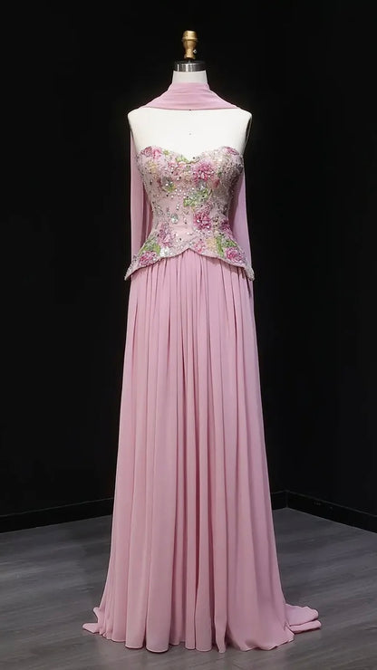 Luxury Form-Fitting Gown with Draped Scarf Train and Crystal-Floral Bodice