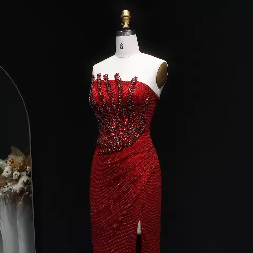 Flame of Elegance” Dress Burgundy Embellished with Crystals Featuring a Side Slit