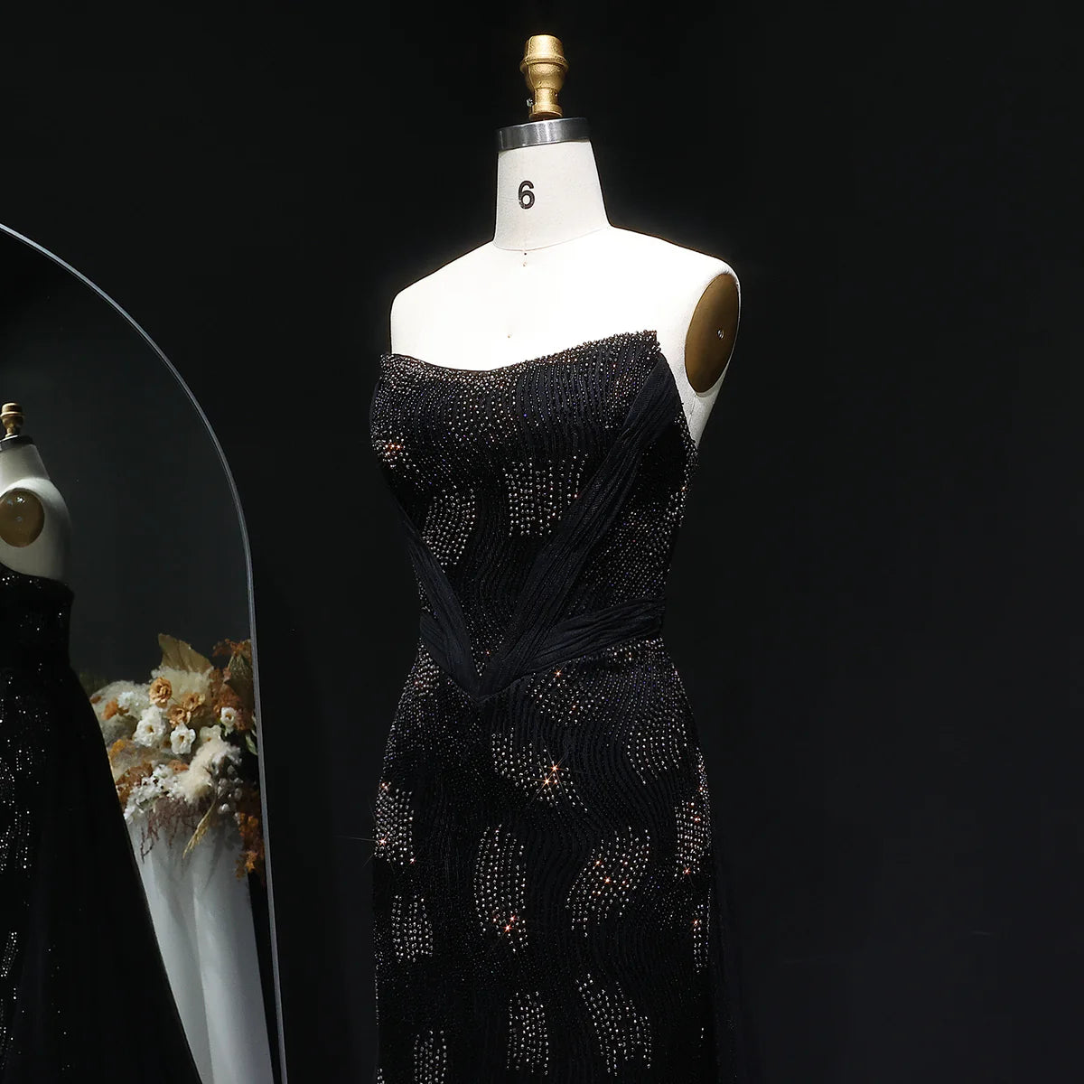 “Galaxy Shadows” Gown – Black Sparkling Strapless Elegance