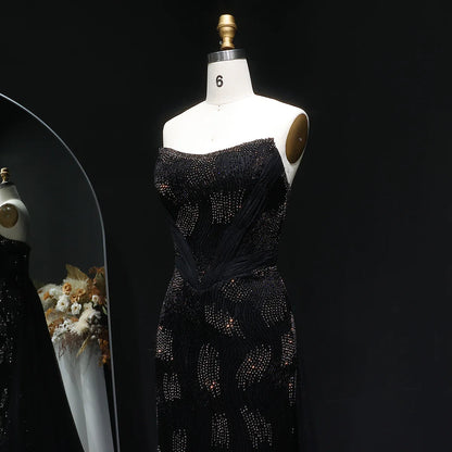 “Galaxy Shadows” Gown – Black Sparkling Strapless Elegance