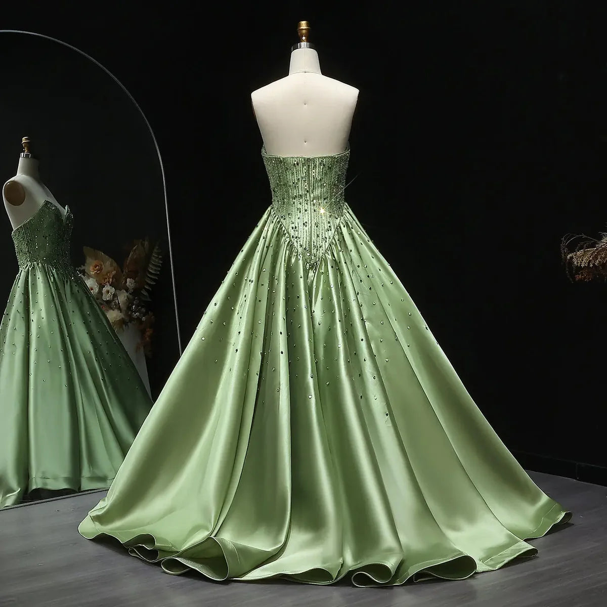 Pistachio "Princess" Gown with Beaded Corset and Dropped V-Waist