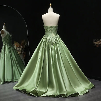 Pistachio "Princess" Gown with Beaded Corset and Dropped V-Waist