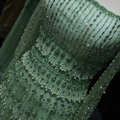 Luxury Beaded Sage Green A-Line Off Shoulder Evening Dress