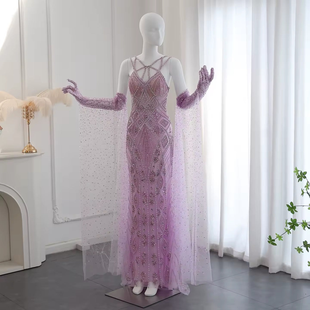 Luxury Lilac Evening Dress with Gloves Cape Sleeves Long Straight