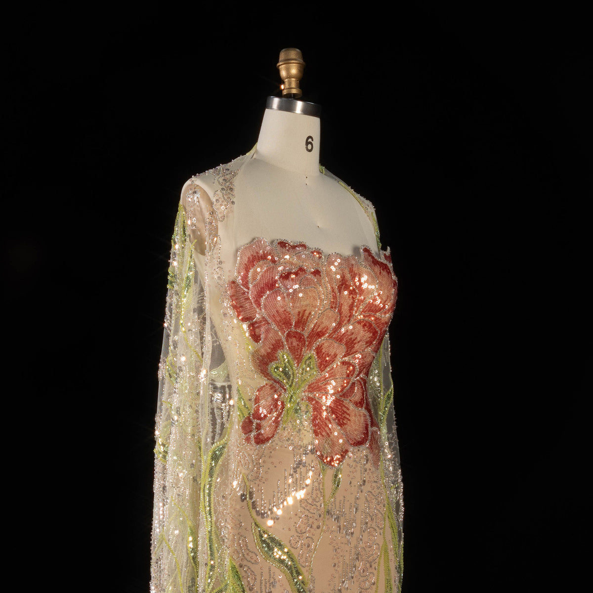 Floral Embroidered Crystal Gown with Fringed Cape Sleeves