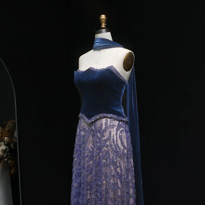 Gown with Velvet Corset & Flowing Scarf Drape