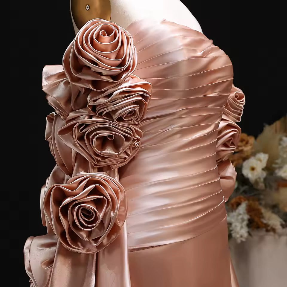“Blush Garden” Gown – 3D Floral Details & Royal Long Satin Flow