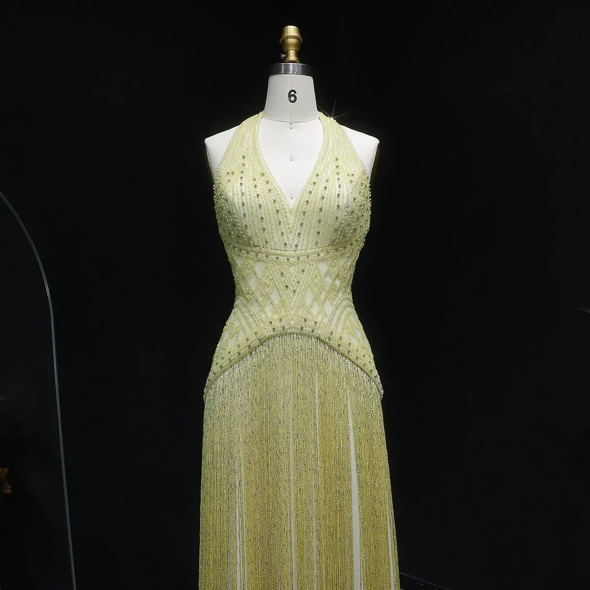 Geometric Beaded Bodice Gown with Cascading Bead Fringes