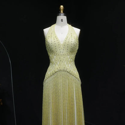 Geometric Beaded Bodice Gown with Cascading Bead Fringes