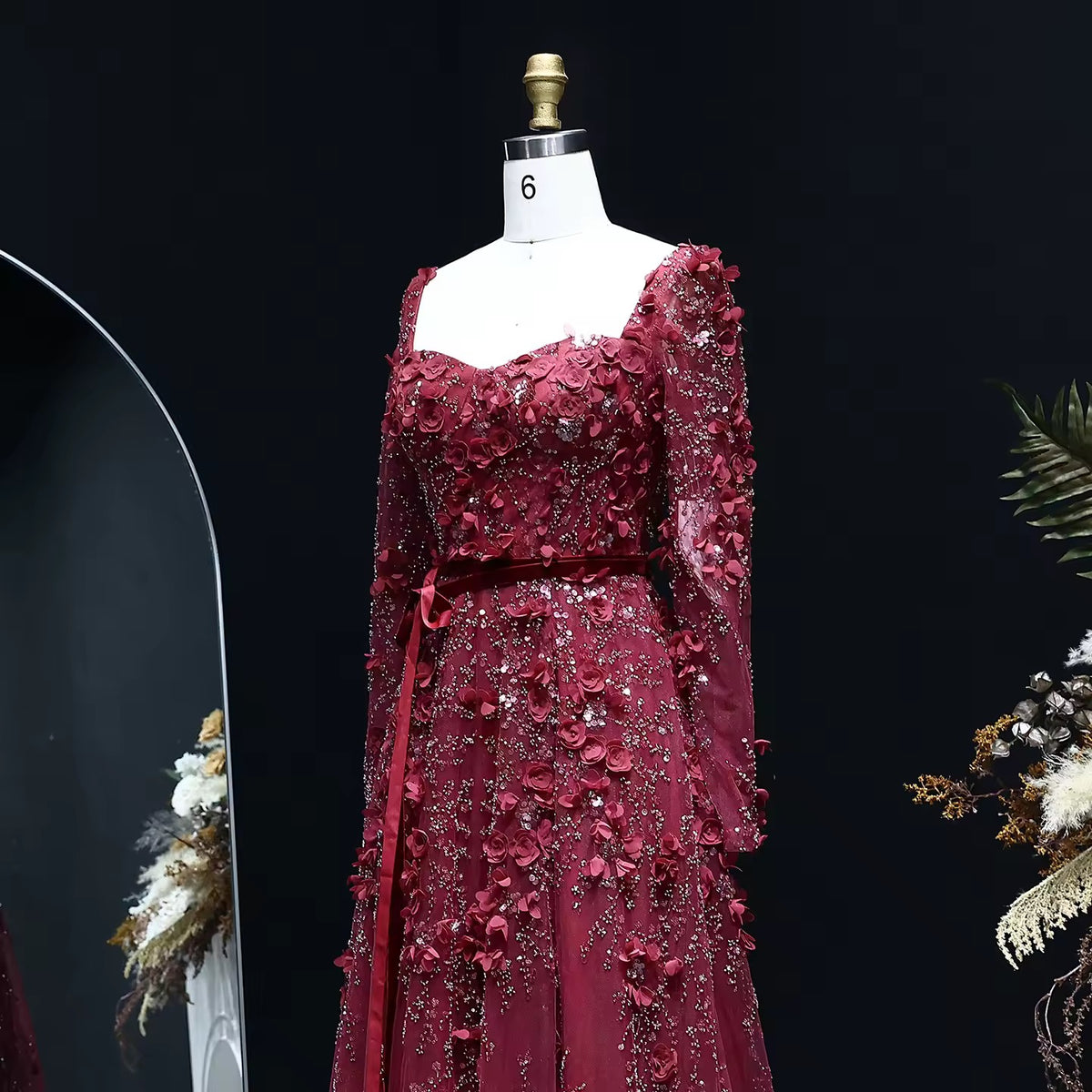 Luxury 3D Flower Long Sleeves Evening Dress
