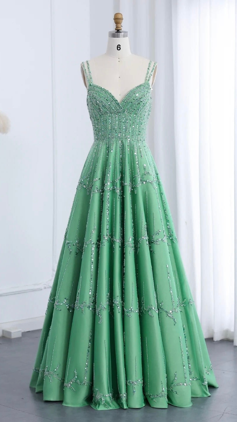 Luxury Dubai Beaded Green Evening Dress for Women Wedding Straps /Sqaure Engagement Party Dresses