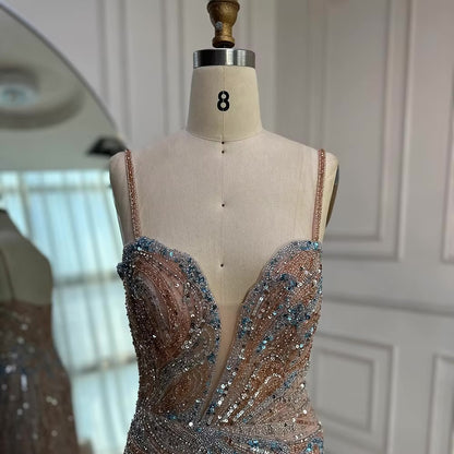 Beaded Evening Gown Available in Emerald Green & Nude