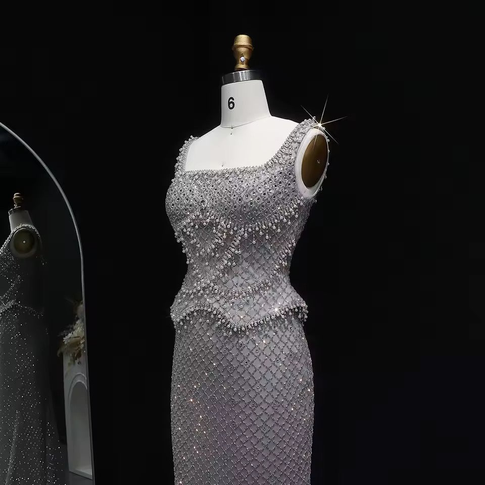 Luxury Beaded Crystal Long Straight Evening Dress