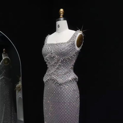 Luxury Beaded Crystal Long Straight Evening Dress