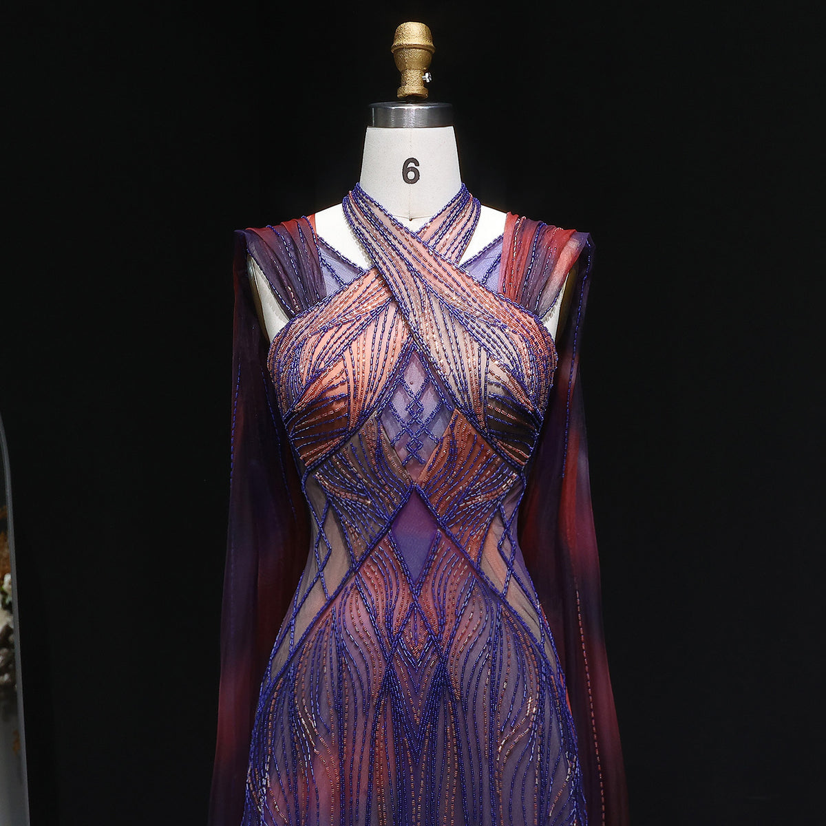 “Sunset Glow” Gown Hand Embroidered Luxury Dress in Violet & Fire Tones with Flowing Cape