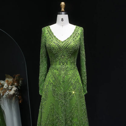 Lime Glow Full-Crystal Gown with Long Sleeves and V-Neckline