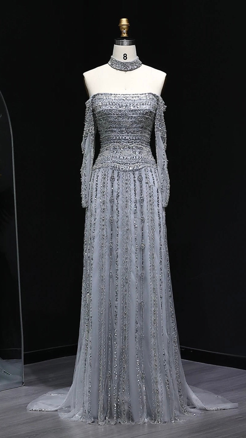 Heavy Beaded Elegant Off Shoulder Evening Dress with Choker Long Sleeves