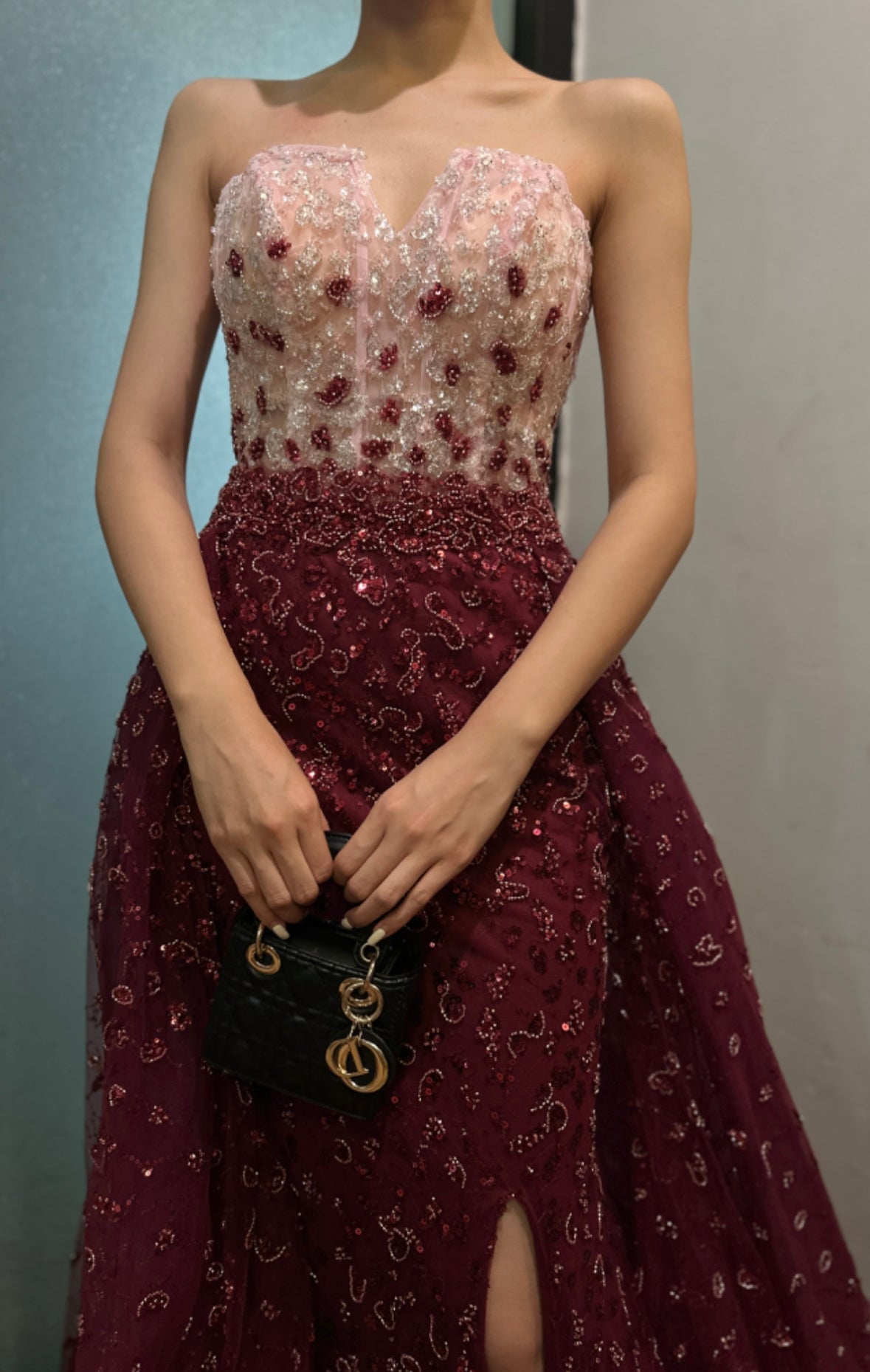 ‏Elegant Burgundy-Blue Ball Gown with Embellished Corset