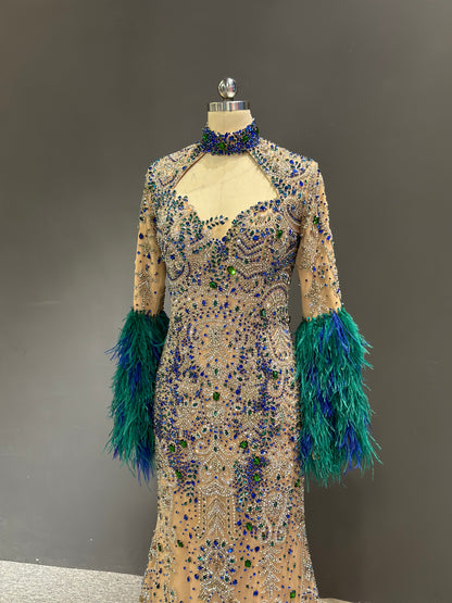 Hand-Embroidered Crystal & Feather Trim Couture Gown