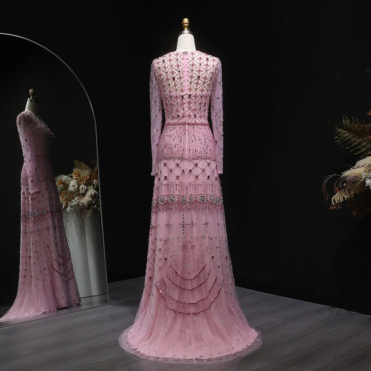 Pink Long-Sleeve Tiered Beaded Gown