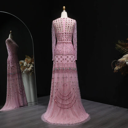Pink Long-Sleeve Tiered Beaded Gown
