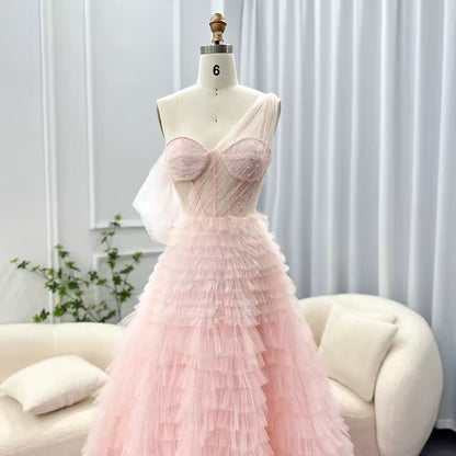 Pink,Lilac Evening Dress One Shoulder Long