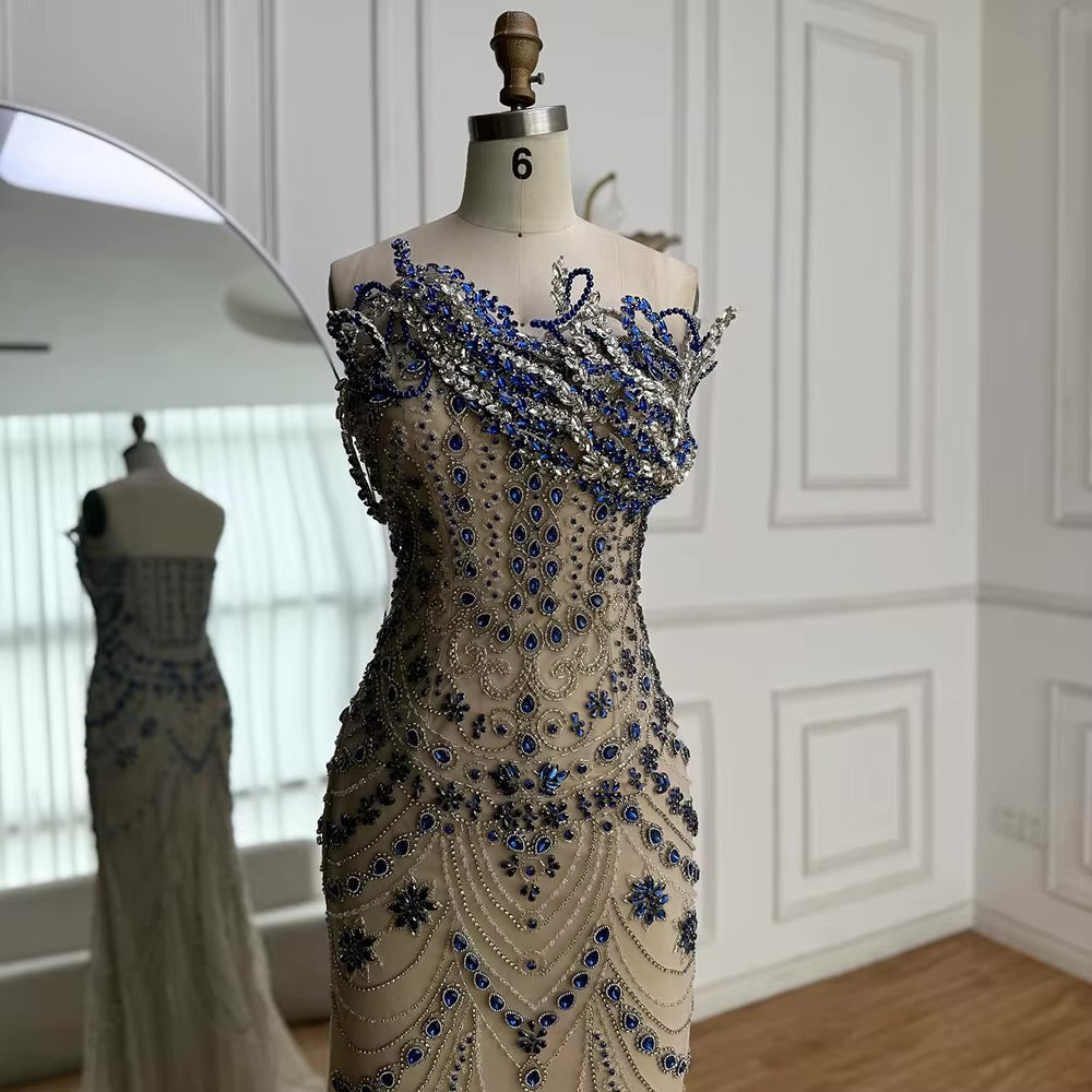 Luxury Gown with Royal Blue Crystal Embroidery