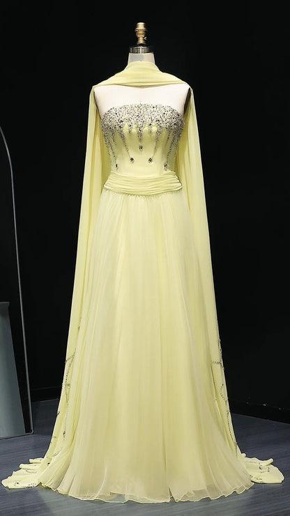 Elegant Strapless Yellow Evening Dress with Cape Luxury Crystal