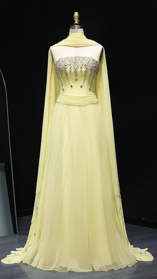Elegant Strapless Yellow Evening Dress with Cape Luxury Crystal