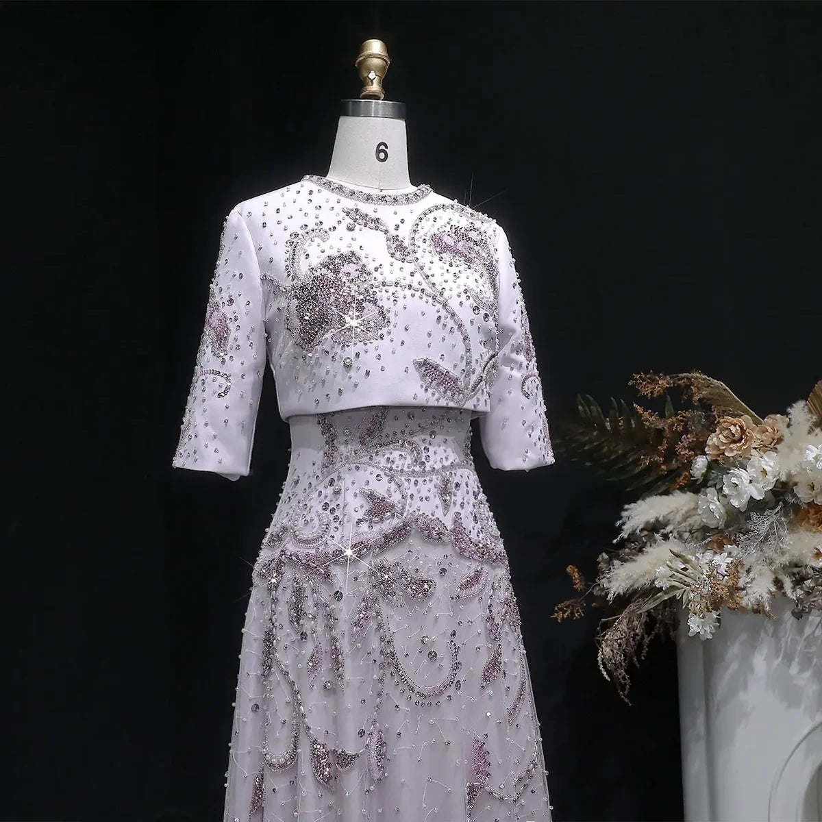 Modest Illusion Mock-Two-Piece Gown with Intricate Hand-Beading
