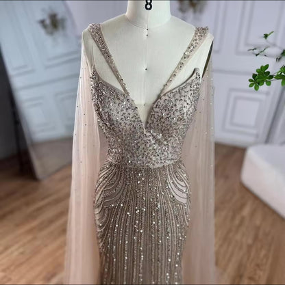 Mermaid Elegant Cape Sleeves Luxury Evening Dress