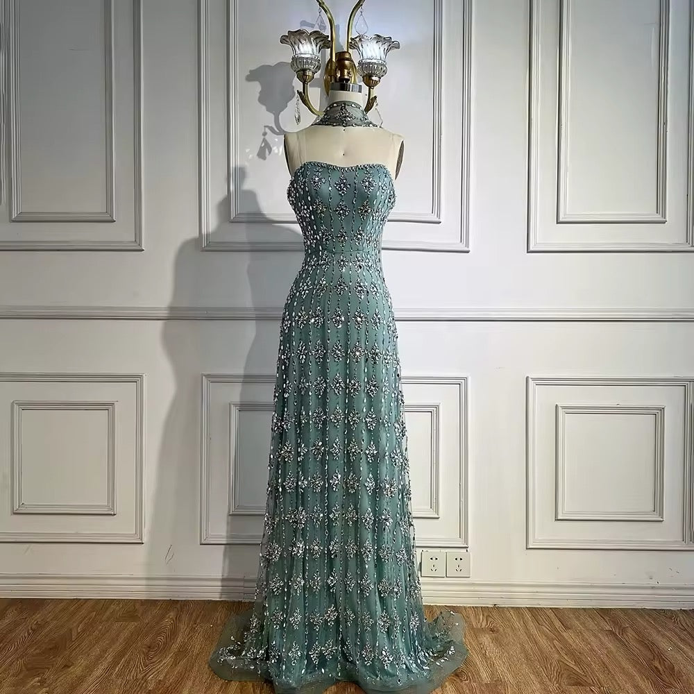 Nude Strapless Beaded A-Line Evening Dress