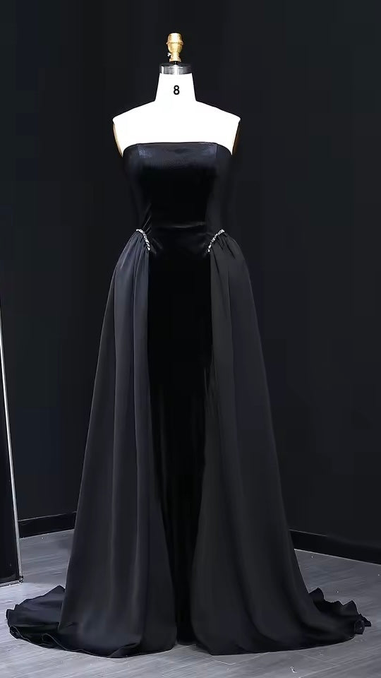 Velvet Strapless Gown with Draped Chiffon Panels and Crystal-Embellished Waist