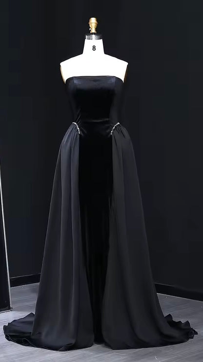 Velvet Strapless Gown with Draped Chiffon Panels and Crystal-Embellished Waist