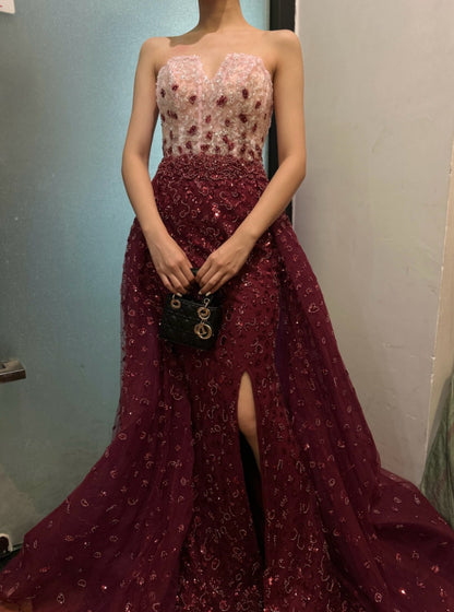 ‏Elegant Burgundy-Blue Ball Gown with Embellished Corset