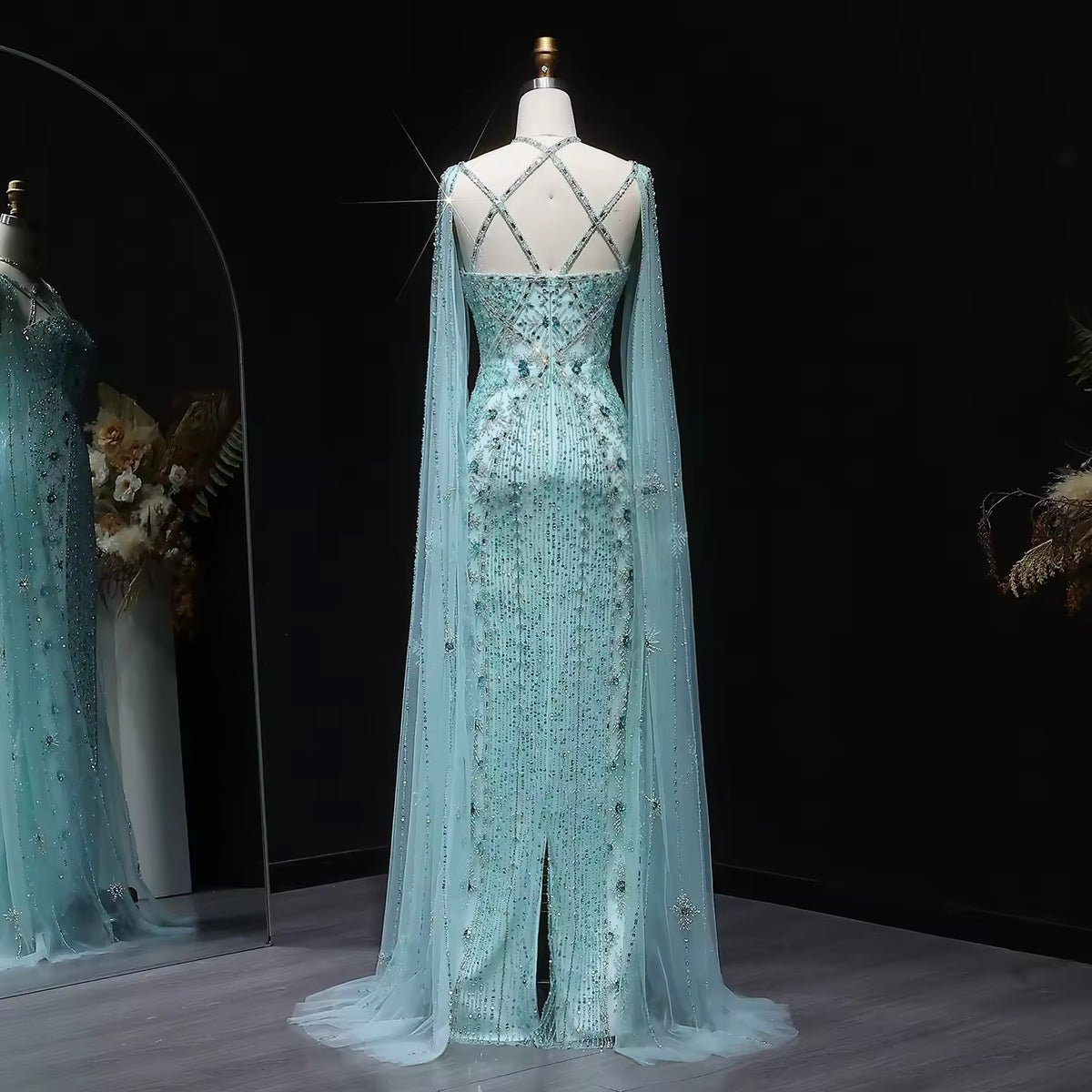 Elegant Beaded Gown with Open Sleeves and Crystal Detailing