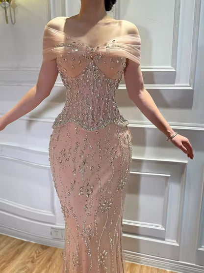 Luxury Peach Blossom Corset Gown with Crystal Rain Embroidery