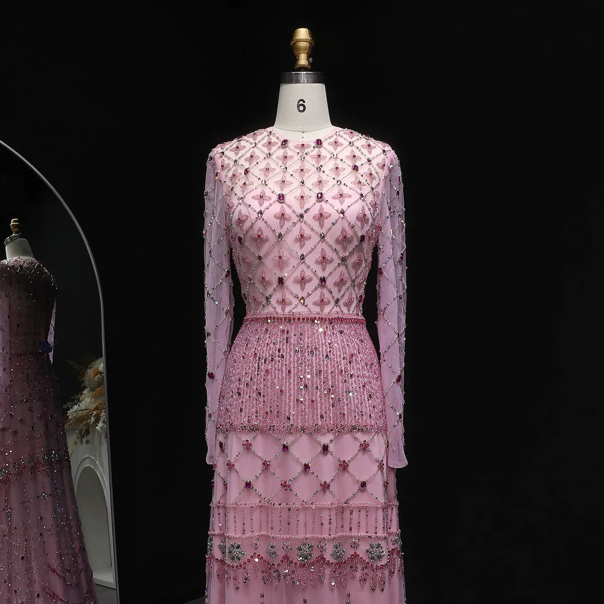 Pink Long-Sleeve Tiered Beaded Gown