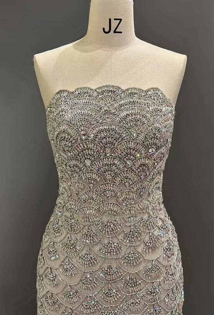 Scalloped Crystal-Encrusted Silver Couture Gown