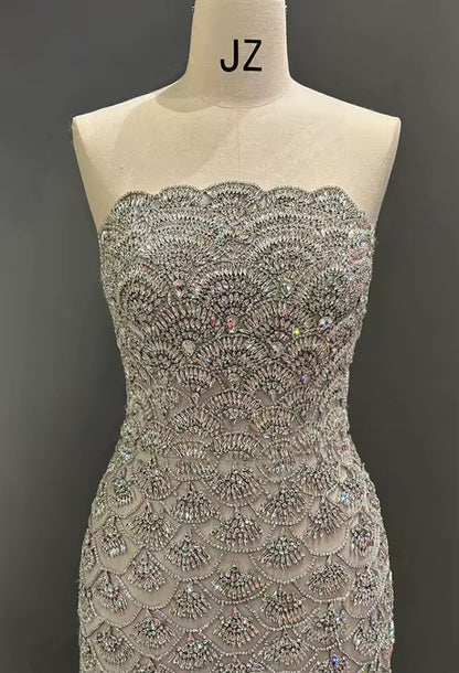 Scalloped Crystal-Encrusted Silver Couture Gown