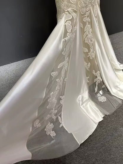 Pearl-Trimmed Strapless Gown with Lace Appliqué & Satin Panels