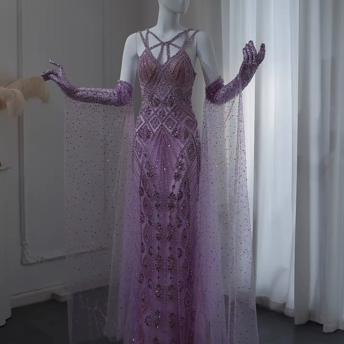 Luxury Lilac Evening Dress with Gloves Cape Sleeves Long Straight